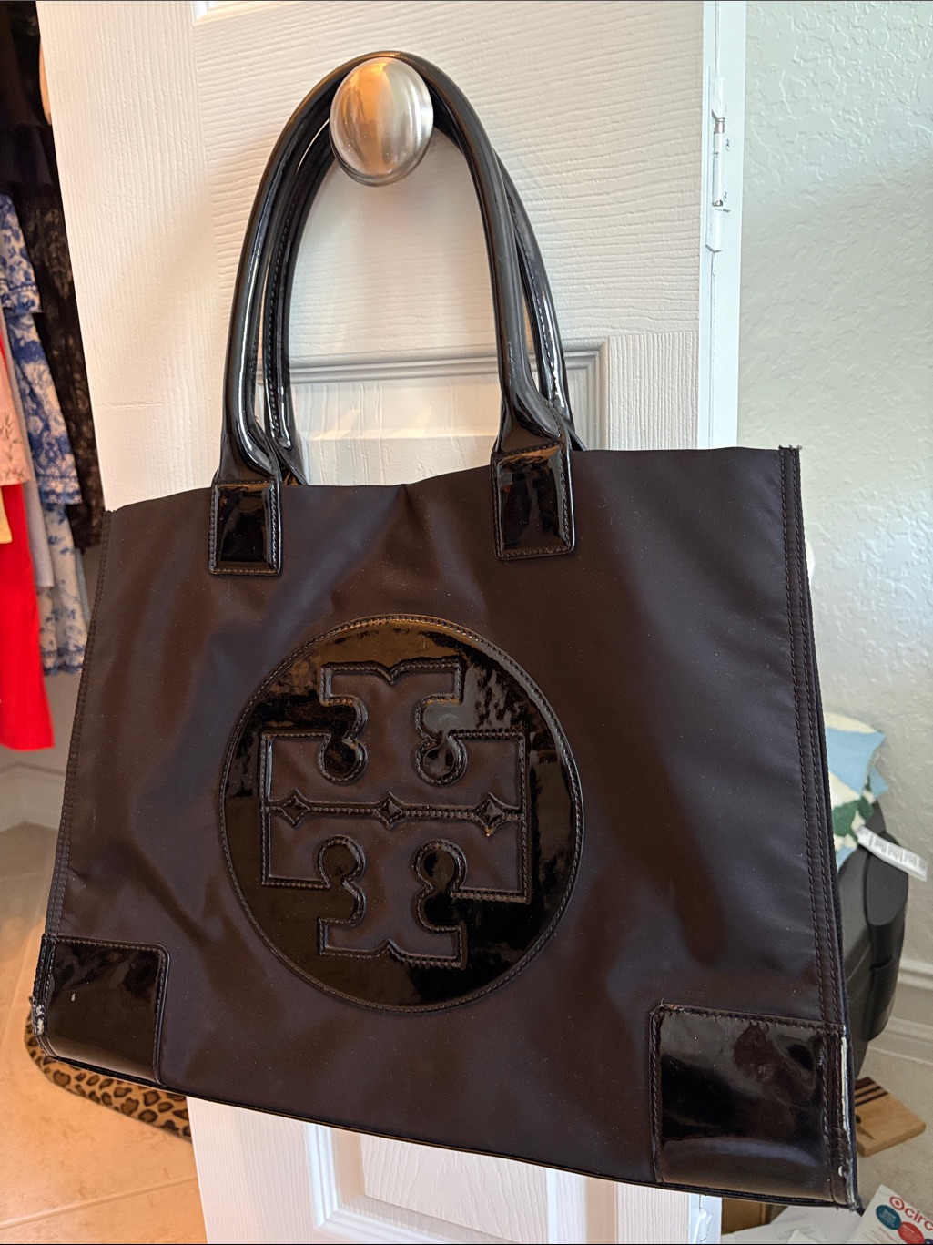 Tory Burch Black Patent-Trim Logo Tote